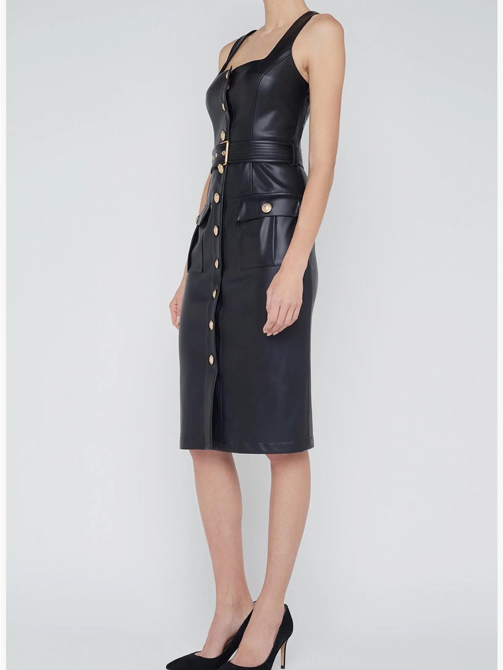 L'AGENCE Black Faux Leather Button-Front Midi Dress